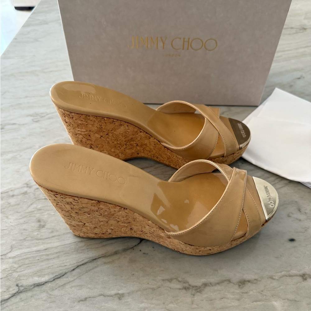 Jimmy Choo Nude Perfume Patent Leather Wedge Sandals - Picture 2 of 6